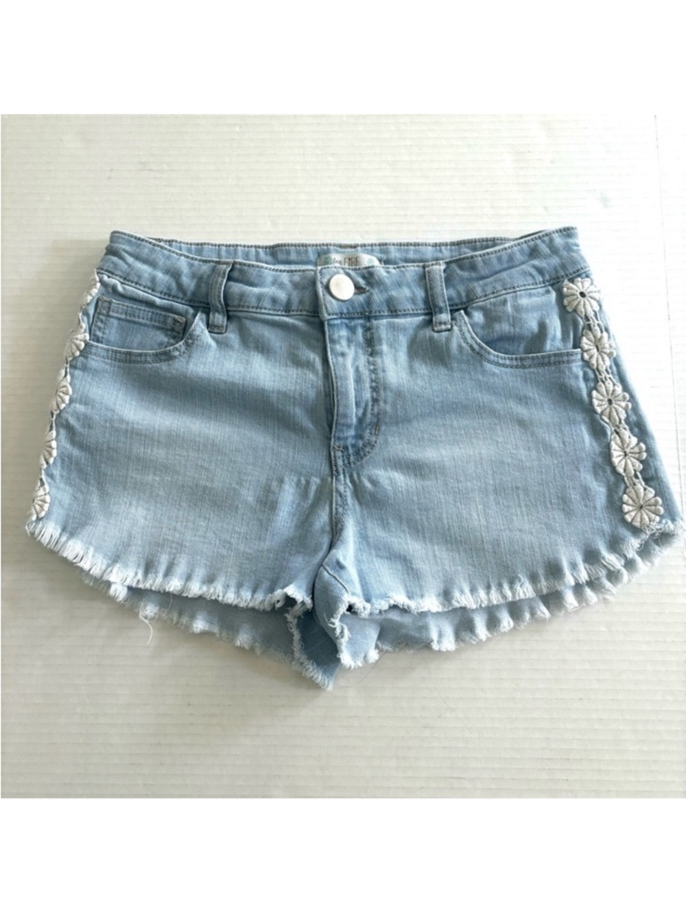 Denim Jean Shorts Love Fire Crochet Lace Light Blue‎ Stretch Junior 7/ Women’s S